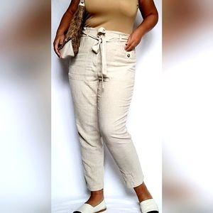 Divided H&M Women's Paperbag Pants Viscose/Linen Cream/Khaki Belted 14